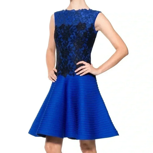 Tadashi Shoji PINTUCK NEOPRENE A-LINE DRESS WITH LACE DETAIL Size 4 - Picture 1 of 6